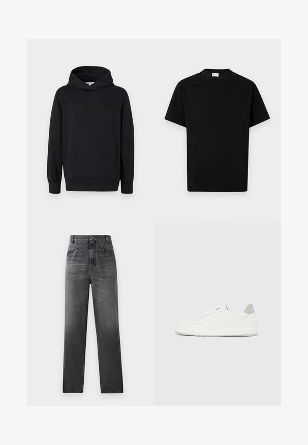 Zwarte hoodie, zachte stof, pullover ontwerp, voorzak in kangoeroestijl, reliëf 'QUARTZ CO' logo op de borst, ribgebreide manchetten en onderkant.; Zwarte katoen t-shirt met ronde hals, korte mouwen en rechte snit. Geen zichtbare patronen of hardwaredetails.; Donkergrijze denim jeans met een hoge taille, rechte pijpen, een vervaagde textuur, voorzakken en een enkele knoopsluiting.; Witte lage sneaker met grijze hielpatch, witte veters en een gestructureerde zool, gepresenteerd op een effen lichte achtergrond.