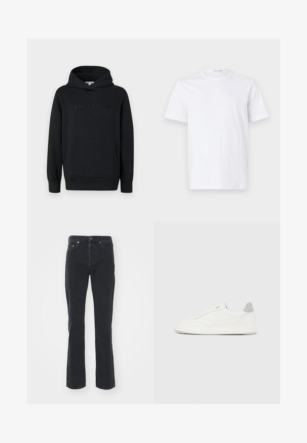 Must mustras, pehme materjal, üle pea tõmmatav disain, eesmine tasku, reljeefne "QUARTZ CO" logo rinnal, soonikkoes varrukad ja äär.; Valge puuvillane T-särk ümarate krae ja lühikeste varrukatega. Sile tekstuur, sirge lõige ja minimalistik disain ilma mustrite või aksessuaarideta.; Mustad denimist valmistatud sirge säärega teksad, mis sisaldavad viit taskut ja nööbiga kinnitust. Kude on õrnalt tekstuuritud ja vastupidav.; Valge madala lõikega tennisking halli kandklambri, valgete paelte ja tekstuuriga tallaga, esitletud ühtlasel heledal taustal.