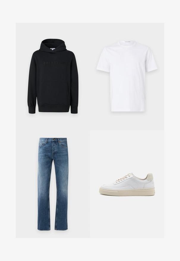Sort hættetrøje, blødt materiale, pullover-design, frontlomme til hænderne, præget "QUARTZ CO" logo på brystet, ribbede manchetter og kant.; Hvid bomulds t-shirt med rund halsudskæring og korte ærmer. Glat tekstur, lige snit og minimalistisk design uden mønstre eller accenter.; Blå denim jeans med lige ben design, falmede vask, fem lommer og kontrastsyning. Knap- og lynlås-lukning i taljen.; Hvide sneakers med en glat læderoverdel, beige snørebånd og en tekstureret beige ruskindsheel-tab. Hævet sål for ekstra højde.