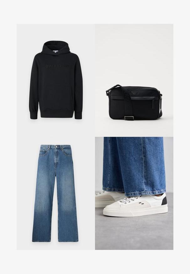 Sudadera con capucha negra, fabricada en un tejido suave, diseño tipo pullover, bolsillo canguro frontal, logo en relieve "QUARTZ CO" en el pecho, puños y dobladillo acanalados.; Jeans de denim azul de pernera ancha con un diseño clásico de cinco bolsillos, cierre frontal con botón y un ligero desgastado para dar textura.; Zapatillas blancas y negras con una parte superior de cuero suave, acentos texturizados y una suela blanca gruesa. Presenta un diseño clásico de cordones.; Bolso de hombro negro de nailon con una correa de contraste, forma rectangular elegante, detalle del logo y un bolsillo con cremallera en la parte frontal.