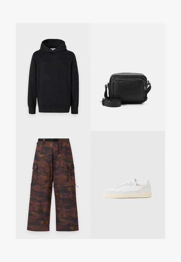 Sort hættetrøje, blødt materiale, pullover-design, frontlomme til hænderne, præget "QUARTZ CO" logo på brystet, ribbede manchetter og kant.; Cargo bukser i et brunt, tekstureret stof med et falmet, abstrakt mønster. Har brede ben, elastisk talje og flere lommer.; Hvid sneakers med en øvre del i tekstureret ruskind og læder. Har rundet tå, snørelukning og kontrasterende beige gummisål.; Sort læder crossbody taske med en struktureret rektangulær form, tekstureret overflade, lomme med lynlås foran og justerbar strop. Brandlogo prægede.
