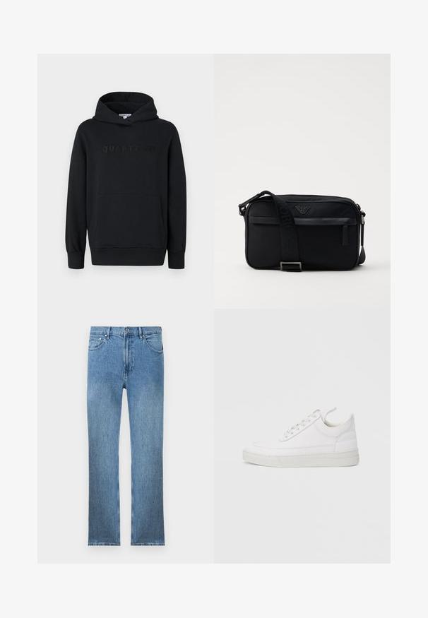Sweat à capuche noir, tissu doux, design à enfiler, poche kangourou à l'avant, logo "QUARTZ CO" en relief sur la poitrine, poignets et ourlet côtelés.; Jean en denim bleu clair avec une coupe droite, cinq poches, une fermeture éclair et des coutures contrastantes. Le tissu a une finition lisse et texturée.; Baskets en cuir blanc avec un embout arrondi, une semelle plate et un laçage à l'avant. Présentent des détails de couture et un col rembourré pour plus de confort.; Sac à bandoulière en nylon noir avec une sangle contrastante, une forme rectangulaire élégante, un détail de logo et une poche zippée à l'avant.
