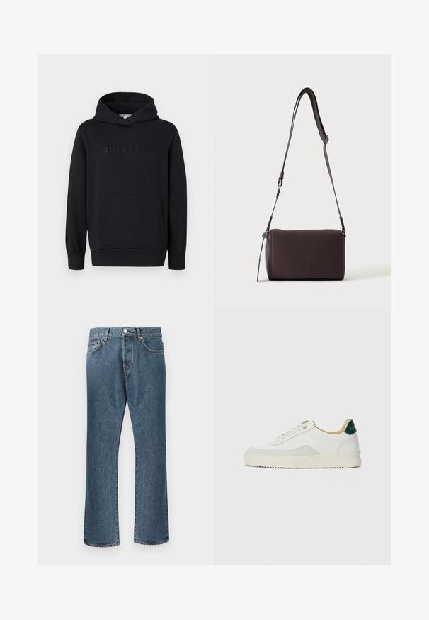 Zwarte hoodie, zachte stof, pullover ontwerp, voorzak in kangoeroestijl, reliëf 'QUARTZ CO' logo op de borst, ribgebreide manchetten en onderkant.; Blauwe spijkerbroeken met een rechte pijp, uitgerust met een klassieke knoop- en rits sluiting, vijf zakken en subtiele vervaging.; Witte sneaker met suède accenten, ronde neus, platte veters en een crème rubberen zool. Bevat groene branding op de hiel.; Donkerbruine gestructureerde leren crossbodytas met verstelbare riem en klein decoratief blauw accent aan de zijkant.