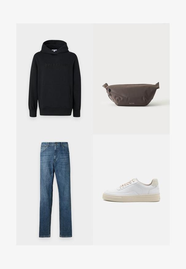 Sweat à capuche noir, tissu doux, design à enfiler, poche kangourou à l'avant, logo "QUARTZ CO" en relief sur la poitrine, poignets et ourlet côtelés.; Jeans en denim bleu foncé, design à jambe droite, style à cinq poches, couture visible et fermeture à bouton classique. Effet de délavage léger sur le tissu.; Sneaker blanche avec un dessus en cuir lisse, des lacets beige et un onglet de talon en daim beige texturé. Semelle surélevée pour une hauteur supplémentaire.; Sac banane en tissu marron foncé avec poche zippée en diagonale et petit logo blanc sur le devant, sur un fond clair uni.