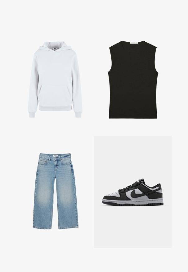 Hoodie en coton blanc avec une poche kangourou à l'avant, capuche avec cordon de serrage réglable, poignets et ourlet côtelés ; texture lisse, design décontracté.; Top noir sans manches en tissu lisse ; coupe ajustée avec un col rond ; aucun motif ni accent visible.; Jean large en denim bleu clair avec cinq poches, passants pour ceinture, et fermeture avant à bouton et fermeture éclair.; Baskets basses Nike Dunk noires et grises avec un bout perforé, des accents en cuir lisse et une semelle en caoutchouc avec un motif de traction texturé.