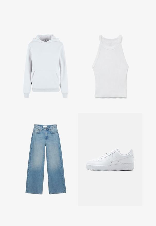 Hoodie en coton blanc avec une poche kangourou à l'avant, capuche avec cordon de serrage réglable, poignets et ourlet côtelés ; texture lisse, design décontracté.; Débardeur blanc sans manches en côte avec un col montant et une silhouette ajustée, posé à plat sur un fond blanc.; Jeans en denim bleu clair à jambes larges avec poches avant, passants de ceinture, fermeture par bouton et coutures visibles.; Baskets blanches basses Nike Air Force 1 avec fermeture à lacets, bout perforé, et logo swoosh signature sur le côté.