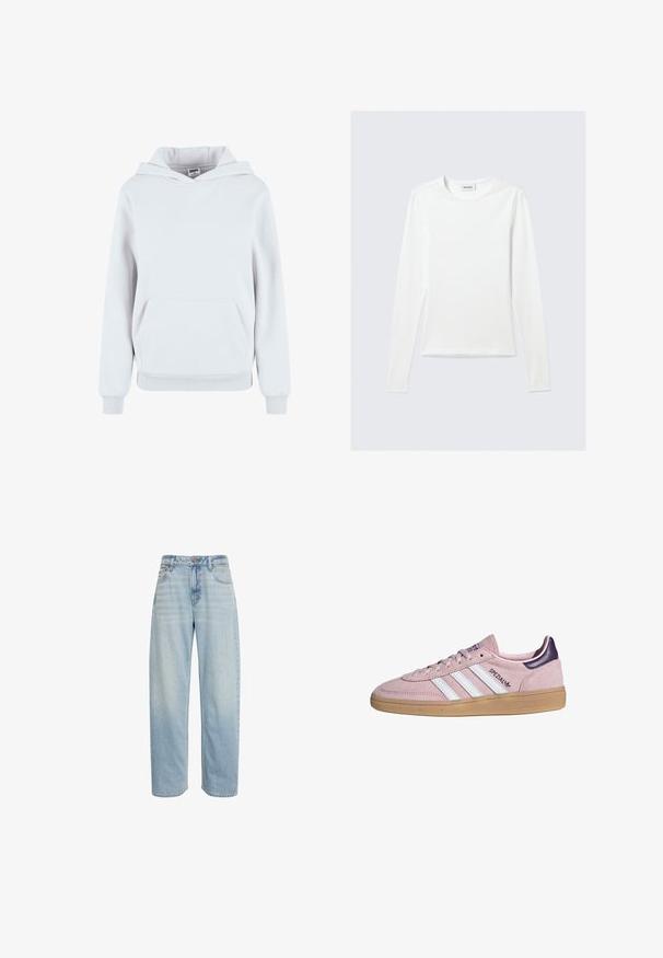Witte katoenen hoodie met een voorzijde buidelzak, verstelbare trekkoordkap, ribgebreide manchetten en onderrand; gladde textuur, casual ontwerp.; Effen wit shirt met lange mouwen en ronde hals, slim fit, afgebeeld tegen een lichtgrijze achtergrond.; Lichtblauwe jeans met hoge taille en rechte pijpen, vijf zakken en knoopsluiting, getoond tegen een witte achtergrond.; Roze suède Adidas sneaker met witte strepen, rubberen zool, paarse hieltab en "SPEZIAL" branding aan de zijkant.