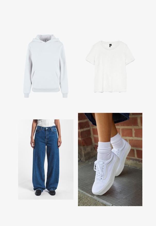 Witte katoenen hoodie met een voorzijde buidelzak, verstelbare trekkoordkap, ribgebreide manchetten en onderrand; gladde textuur, casual ontwerp.; Witte t-shirt met korte mouwen en een ronde hals, gemaakt van lichte stof. Eenvoudig ontwerp, gladde textuur en rechte zoom.; Wijdvallende blauwe denim jeans met een hoge taille, voorzien van een knoopsluiting, voorzakken en een licht vervaagde textuur.; Witte canvas sneakers met rubberen zolen, voorzien van zes vetertjes, een ronde neus en lichte stikdetails, gecombineerd met witte enkelsokken.