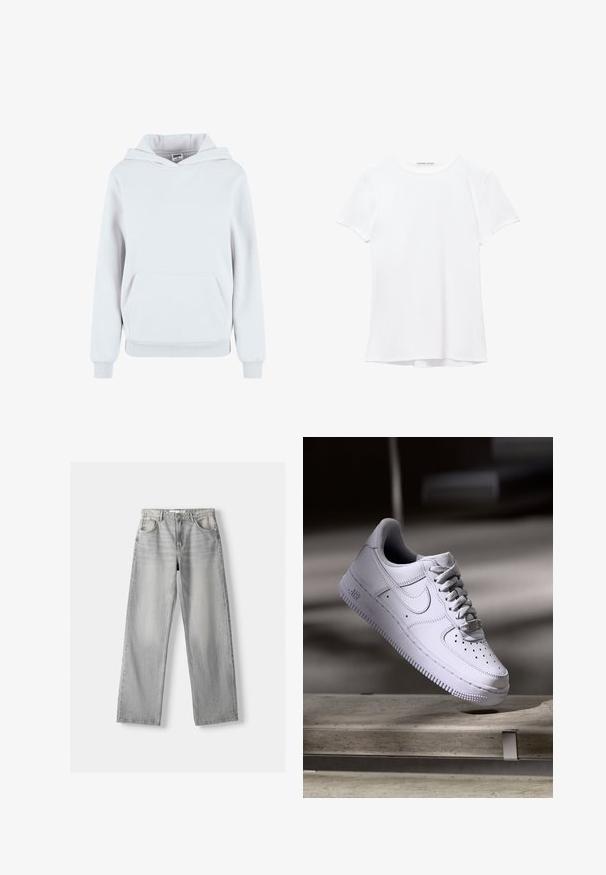 Weißer Baumwollhoodie mit einer vorderen Kängurutasche, verstellbarem Kordelzughut, gerippten Bündchen und Saum; glatte Textur, lässiges Design.; Weißes T-Shirt mit kurzen Ärmeln aus glatter Stoffqualität, mit rundem Ausschnitt und dezenten Nähten am Saum.; Helle graue Jeans aus Denim mit geradem Bein, ausgestattet mit zwei vorderen Taschen, einem Knopfverschluss und subtilen Abnutzungen für Struktur.; Weißer Nike Air Force 1 Sneaker schwebt über einer Betonoberfläche mit Schatten in einem minimalistischen Umfeld.