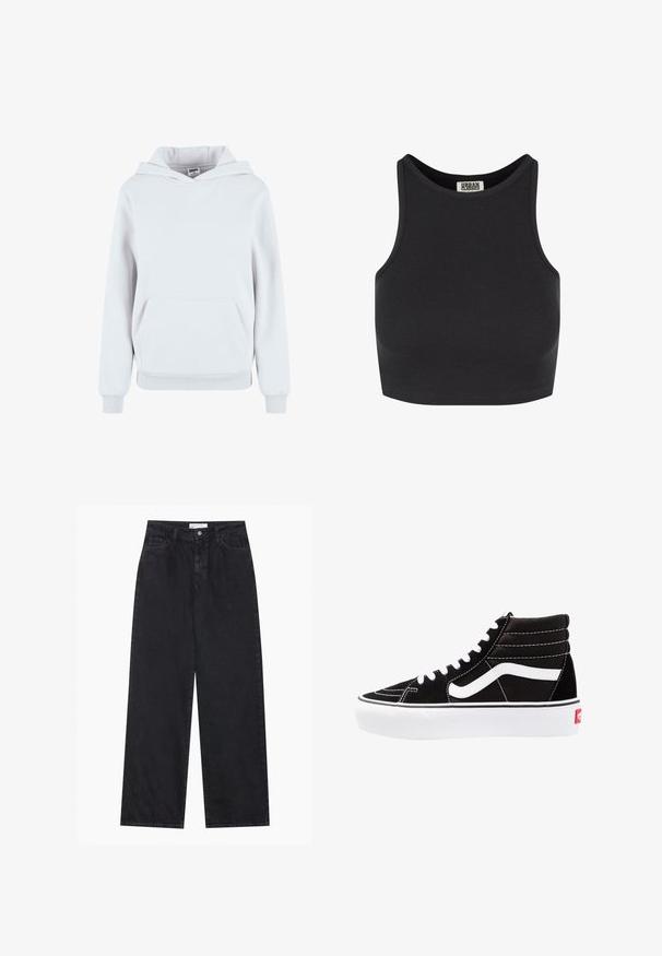 Witte katoenen hoodie met een voorzijde buidelzak, verstelbare trekkoordkap, ribgebreide manchetten en onderrand; gladde textuur, casual ontwerp.; Zwarte geribbelde crop top met een mouwloos ontwerp. Heeft een ronde halslijn en een gladde textuur. Label zichtbaar binnenin de halslijn.; Zwarte high-waisted spijkerbroek met wijde pijpen, frontknopen en ritssluiting, ceintuurlussen en een vijf-pocket stijl.; Zwarte high-top sneakers met witte veters, een wit logo en contrasterende witte stiksels. Heeft een dikke witte zool en een bovenwerk van gestructureerd suede.