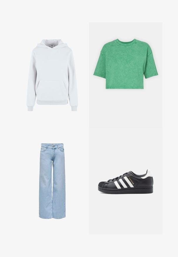 Witte katoenen hoodie met een voorzijde buidelzak, verstelbare trekkoordkap, ribgebreide manchetten en onderrand; gladde textuur, casual ontwerp.; Afgeknot groene t-shirt met een licht getextureerde afwerking, ronde hals en korte, brede mouwen. Eenvoudig ontwerp zonder extra patronen of hardware.; Lichtblauwe wijde jeans met voorzakken, ceintuurlussen, knoopsluiting en een label met de tekst "ONLY" op de tailleband.; Zwarte leren sneaker met wit drie-strepen ontwerp, rubberen zool en gestructureerde neuskap. Heeft gouden merkopdruk aan de zijkant.