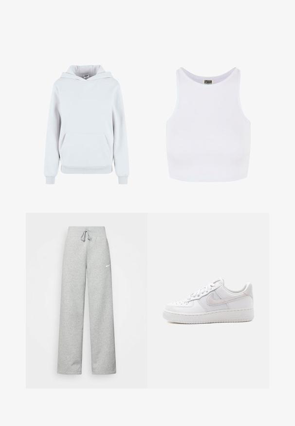 Witte katoenen hoodie met een voorzijde buidelzak, verstelbare trekkoordkap, ribgebreide manchetten en onderrand; gladde textuur, casual ontwerp.; Witte geribbelde crop tanktop met brede schouderbanden en een ronde halslijn. Beschikt over een zachte textuur en een minimalistisch ontwerp zonder patronen.; Grijze sweatpants met een elastische tailleband, een trekkoord-detail en een klein wit Nike-logo op de linkerdij. Zachte stof, losvallend.; Witte lage Nike Air Force 1 sneaker met witte veters, perforaties op de neusplaat en een mesh paneel achter het Nike Swoosh-logo.