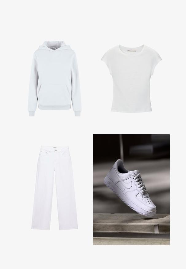 Hoodie en coton blanc avec une poche kangourou à l'avant, capuche avec cordon de serrage réglable, poignets et ourlet côtelés ; texture lisse, design décontracté.; T-shirt en coton blanc avec manches courtes retroussées, encolure ronde et ourlet droit. Texture lisse sans motifs ni accents visibles.; Jean blanc taille haute à jambes larges avec fermeture à boutons et zip, poches avant et arrière, et détails en rivets argentés.; Baskets Nike Air Force 1 blanches lévitant au-dessus d'une surface en béton avec des ombres dans un cadre minimaliste.