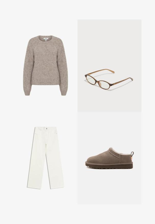 b.young BYMILLER - Striktrøje - humus melange; Hvide jeans med højt liv og lige ben, med forlommer og knaplukning på hvid baggrund.; Lavskåret taupe ruskindstofle med hvid fleeceforing, mørk gummisål og trækflig ved hælen, vist fra siden på hvid baggrund.; Brune skildpaddemønstrede briller med ovale linser, tynde arme og gennemsigtige accenter. Har et diskret logo på stangen. Slankt, let design.