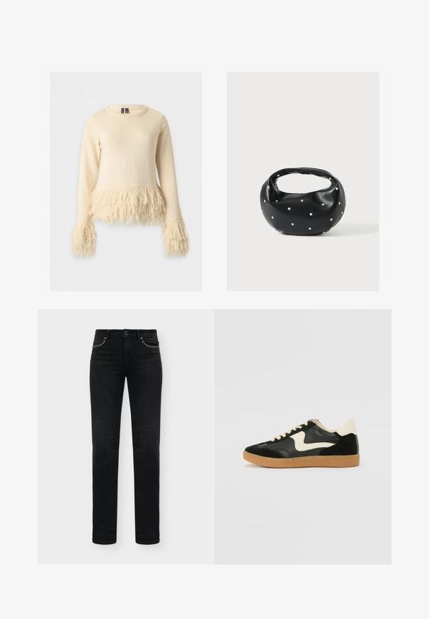 Pull crème à manches longues avec un col rond, présentant des détails de franges texturées à l'ourlet et aux poignets.; Jean noir slim fit avec détails cloutés sur les poches avant et style classique à cinq poches.; Baskets en daim et cuir noir avec un swoosh latéral crème et un talon crème clair. Dotées de lacets beige et d'une semelle en caoutchouc gomme.; Sac à main en cuir noir de forme arrondie, décoré de clous argentés et équipé d'une poignée courte. Texture lisse et fermeture éclair.