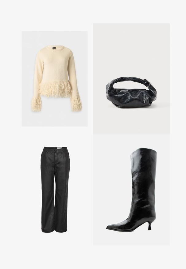 Pull crème à manches longues avec un col rond, présentant des détails de franges texturées à l'ourlet et aux poignets.; Pantalon en cuir noir taille haute avec fermeture à boutons, poches avant, et jambes larges droites.; Botte en cuir noire brillante, haute jusqu'au genou, avec bout pointu et talon bas courbé sur un fond clair uni.; Sac noir en matériau texturé et brillant avec une poignée circulaire torsadée et une fermeture éclair. Présente un design doux et froissé.