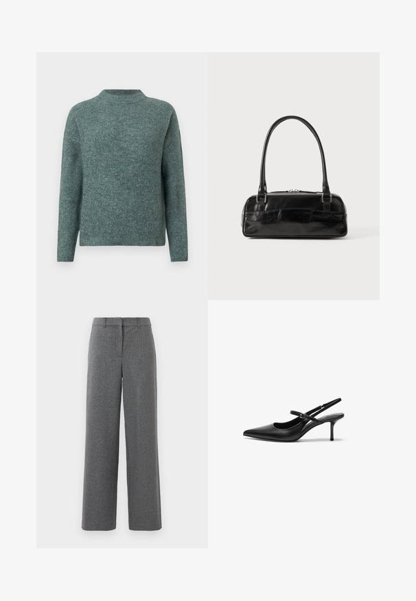 Grøn ribstrikket sweater med høj hals og lange ærmer. Blød tekstur, afslappet pasform og subtile farvevariationer over det hele.; Grå bukser med et tekstureret, vævet materiale. Bredbenet design, flad front og ingen synlige hardware eller accenter. Egnet til formel påklædning.; Sorte læder slingback hæle med spids tå, slank justerbar rem og en stiletto hæl på cirka 5 cm, glat tekstur.; Sort læderhåndtaske med rektangulær form, der har et enkelt struktureret håndtag, sølvhardware og lynlås-lukning. Glat tekstur.