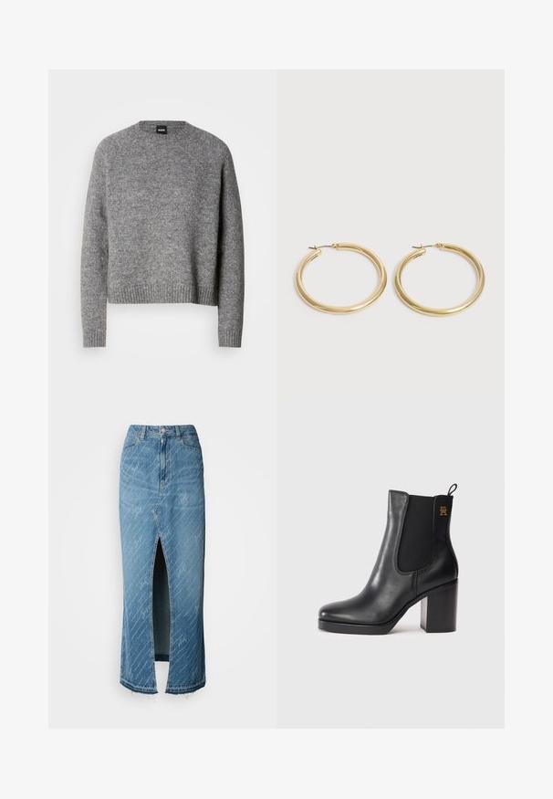 Grijze gebreide trui met een ronde hals, lange mouwen en geribde manchetten en zoom. Zachte textuur; minimalistisch ontwerp zonder patronen of accenten.; Blauwe denim midi-jurk met een voorknoop, vervaagde textuur en wit scriptpatroon. Beschikt over een klassieke tailleband en een rafelige zoom.; Zwarte leren enkellaars met blokhak, elastieken zijpaneel, trekband en een klein gouden logo aan de bovenkant.; Een paar gladde, glanzende gouden creooloorbellen met dunne pennen en scharnierende sluitingen op een eenvoudige lichte achtergrond.