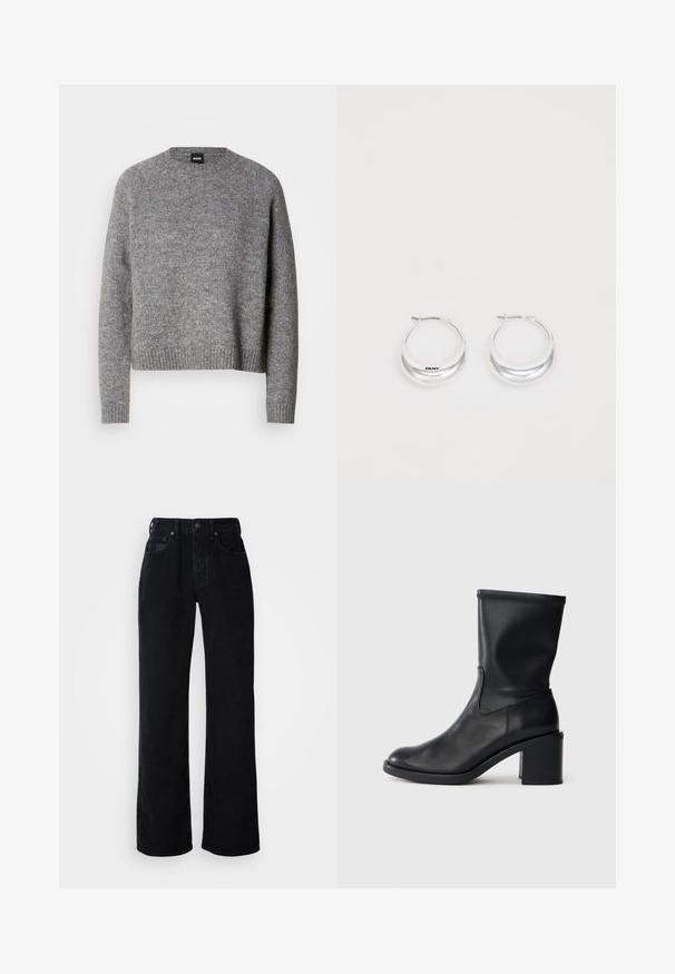 Pull en tricot gris avec un col rond, des manches longues et des poignets et un ourlet côtelés. Texture douce ; design minimaliste sans motifs ni accents.; Jean noir à jambes larges en denim de coton. Dispose d'une fermeture à bouton sur le devant, de passants pour ceinture et d'un design à cinq poches avec des coutures discrètes.; Botte en cuir noir à cheville avec un bout rond, texture lisse et un talon épais, présentant un tige ajustée et un subtil détail de couture.; Boucles d'oreilles en argent avec une finition polie et un branding DKNY, présentées sur un fond blanc uni.