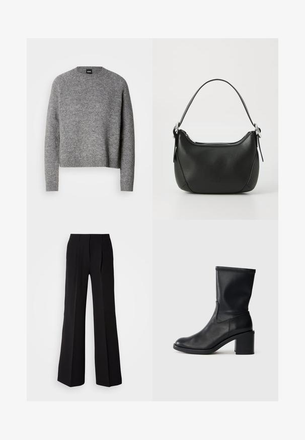 Suéter gris de punto con cuello redondo, mangas largas y puños y dobladillo acanalados. Textura suave; diseño minimalista sin patrones ni acentos.; Pantalones negros de tejido suave, con cintura alta, silueta de pierna ancha y dos pliegues frontales para añadir detalle de diseño.; Botín negro de cuero hasta el tobillo con punta redonda, textura suave y tacón grueso, que presenta un eje ajustado y un sutil detalle de costura.; Bolso de mano de cuero negro con forma curvada, cremallera plateada y un asa corta. Presenta un logotipo sutil en la parte frontal y una textura suave.