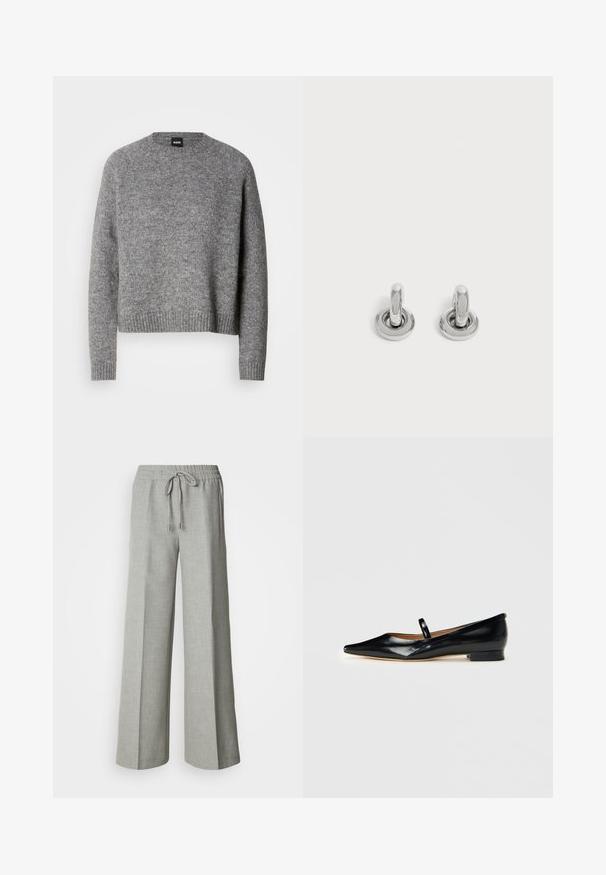 Pull en tricot gris avec un col rond, des manches longues et des poignets et un ourlet côtelés. Texture douce ; design minimaliste sans motifs ni accents.; Pantalon ample gris clair avec taille élastique et cordon de serrage, poches avant, et tissu texturé subtil.; Chaussure plate Mary Jane en cuir verni noir, à bout pointu, avec une seule sangle et un petit talon sur fond uni.; Paire de petites boucles d'oreilles créoles argentées brillantes avec une base ronde, présentées sur un fond clair uni.