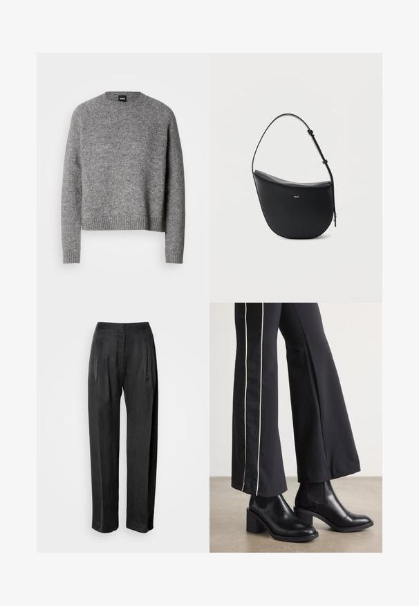 Suéter gris de punto con cuello redondo, mangas largas y puños y dobladillo acanalados. Textura suave; diseño minimalista sin patrones ni acentos.; Pantalones negros de pernera ancha hechos de tela suave, con pliegues frontales, cremallera y diseño clásico de cinturilla.; Botines de cuero negro con tacón cuadrado, con paneles laterales elásticos. Combinados con pantalones negros que tienen una franja blanca lateral.; Bolso de hombro de cuero negro en forma de media luna, con correa ajustable y logo dorado "BOSS" centrado en el frente.