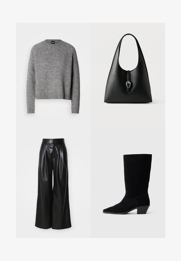 Suéter gris de punto con cuello redondo, mangas largas y puños y dobladillo acanalados. Textura suave; diseño minimalista sin patrones ni acentos.; Pantalones de cuero sintético negros de pierna ancha con una cintura alta, frente plisado y textura suave. Presenta un diseño limpio y minimalista.; Botín de ante negro hasta el tobillo con punta afilada, caña de altura media y tacón grueso. Presenta costuras mínimas y una textura suave.; Bolso de mano de cuero negro con un asa única y cierre de correa con hebilla plateada sobre fondo blanco.