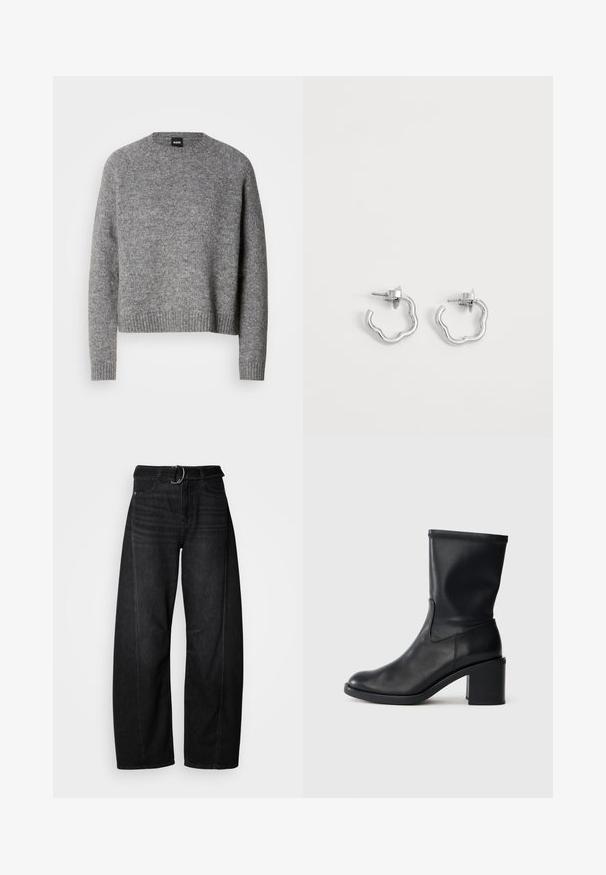 Grijze gebreide trui met een ronde hals, lange mouwen en geribde manchetten en zoom. Zachte textuur; minimalistisch ontwerp zonder patronen of accenten.; Zwarte wijde spijkerbroek van denim met een tailleband en casual zakdetails. Heeft een ruwe rand aan de zoom en minimale stiksels.; Zwarte leren enkellaars met een ronde neus, een gladde textuur en een chunky hak, met een strak schacht en subtiele stiksels.; Een paar kleine zilveren creolen met onregelmatige golvende vormen en postsluitingen op een effen witte achtergrond.