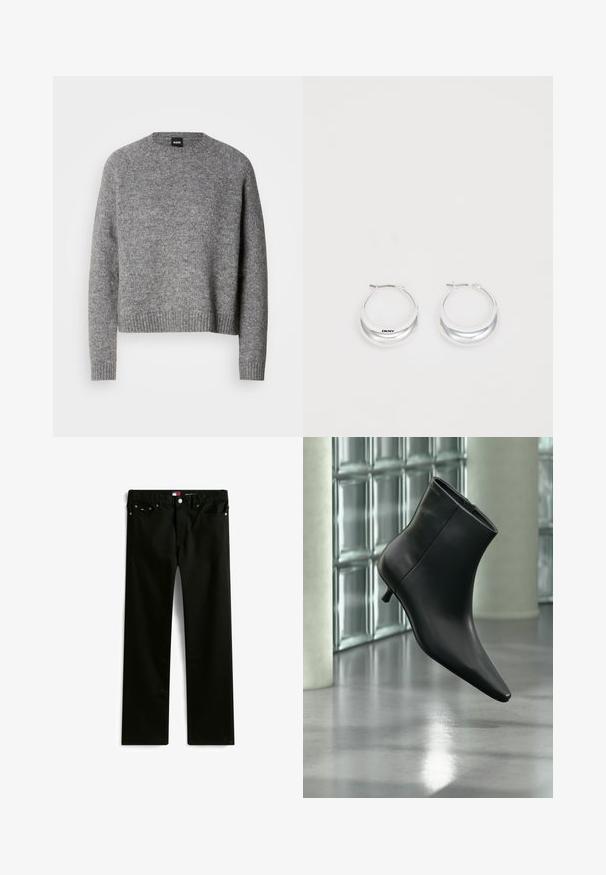 Grå strikket sweater med rund hals, lange ærmer og ribbede manchetter og kant. Blød tekstur; minimalistisk design uden mønstre eller accenter.; Sorte jeans med lige ben, fem lommer, knap- og lynlåslukning samt lille brandlogo på møntlommen.; Sort læderankelstøvle med spids tå og lav kitten-hæ, vist vinklet mod en poleret gulv- og glasblokvæg.; Sølv hoops øreringe med en poleret overflade og DKNY branding, præsenteret mod en simpel hvid baggrund.