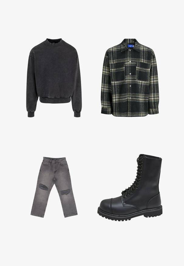 Sort cropped sweatshirt med rund halsudskæring, ribbestrikkede manchetter og kant. Fremstillet af blødt materiale med et let falmet udseende.; Sort og grøn ternet skjorte lavet af uldlignende materiale, med knaplukning foran, krave, to brystlommer og lange ærmer.; Grå denimjeans med høj talje, vide ben og store slidte pletter på begge knæ, med forlommer og bæltestropper.; Sort læder kampstøvle med høj skaft, snørebånd foran, polstret krave og en robust tekstureret sål for godt greb. Har forstærket tåhætte.