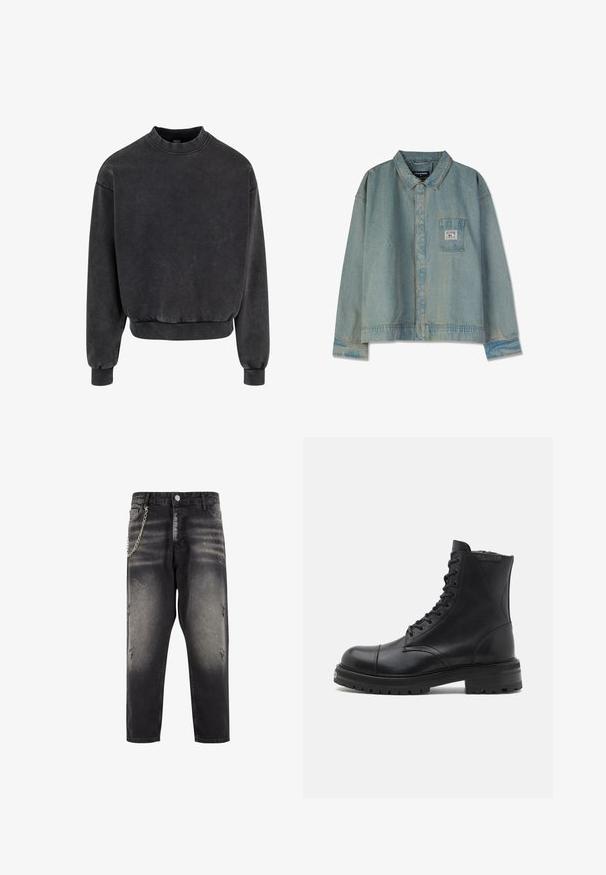 Sort cropped sweatshirt med rund halsudskæring, ribbestrikkede manchetter og kant. Fremstillet af blødt materiale med et let falmet udseende.; Lys blå denimjakke med spidse krave, lange ærmer, brystlomme og synlige sømme; afslappet pasform og slidt tekstur.; Sorte denimbukser med slidt detaljer, afslappet pasform og en sølvkædeaccent på venstre side. Har en knaplukning og lommer.; AllSaints HANK - Snørestøvletter - black