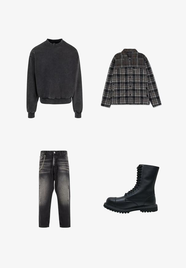 Sort cropped sweatshirt med rund halsudskæring, ribbestrikkede manchetter og kant. Fremstillet af blødt materiale med et let falmet udseende.; Plaid flannel skjortejakke med jordfarver i brun, sort og grå, med knaplukning fortil, to sidelommer og en blød tekstur.; Sorte denimbukser med slidt detaljer, afslappet pasform og en sølvkædeaccent på venstre side. Har en knaplukning og lommer.; Sort læder snørebåndsstøvle med rund tå, høj skaft, tyk gummisål og struktureret overflade. Har forstærket syning langs sømmene.