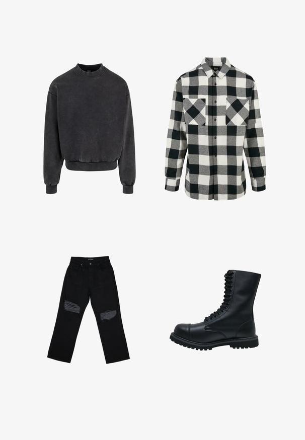 Zwarte cropped sweatshirt met ronde halslijn, ribgebreide manchetten en onderkant. Gemaakt van zachte stof met een licht vervaagd uiterlijk.; Zwart-wit geruit flanellen shirt met een groot ruitpatroon, lange mouwen, een knoopsluiting aan de voorkant en twee borstzakken. Gemaakt van zachte stof.; Zwarte spijkerbroek met een losse pasvorm, met twee versleten plekken op de knieën. De stof heeft een gladde textuur en minimale vervaging.; Zwarte leren veterschoen met een ronde neus, hoge schacht, dikke rubberen zool en een gestructureerd oppervlak. Heeft versterkte stiksels langs de naden.