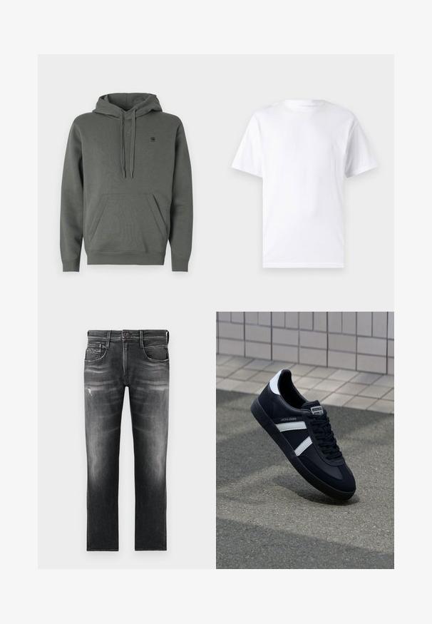 Hoodie en coton vert foncé avec une poche kangourou, capuche réglable avec cordon, et logo discret sur la poitrine ; texture lisse et coupe décontractée.; T-shirt blanc à manches courtes en coton avec un col rond, présentant une texture lisse et un design simple, sans motifs ni accents.; Jean en denim noir avec une coupe droite, présentant un léger délavage, des effets de frottement subtils et une légère usure au niveau du genou.; Sneaker en cuir noir avec des rayures blanches, semelle en caoutchouc texturée et devant à lacets. Présente une étiquette de marque sur la languette.