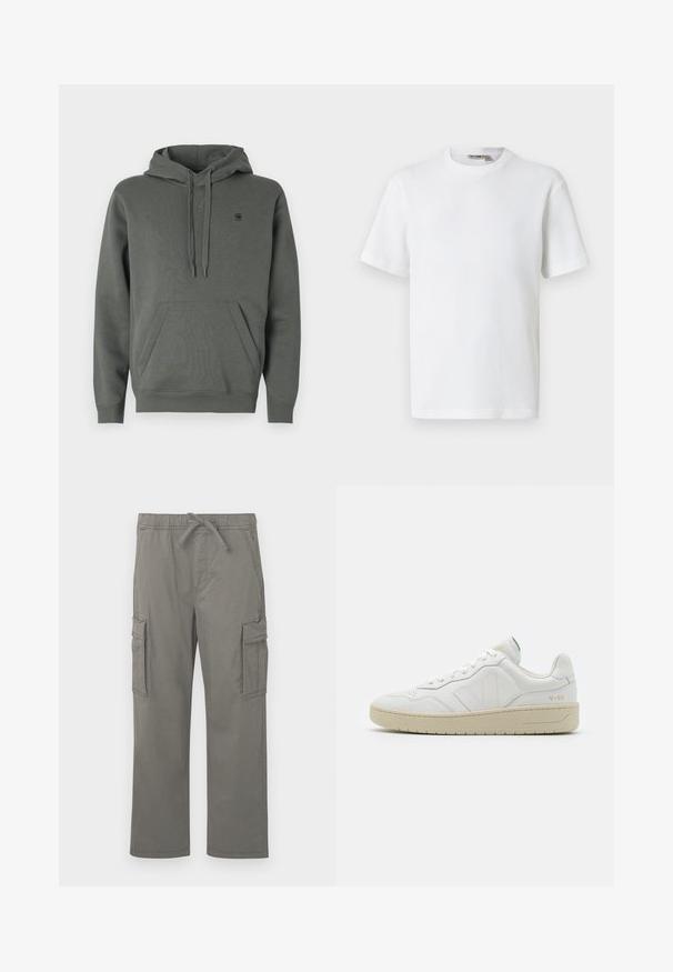 Hoodie en coton vert foncé avec une poche kangourou, capuche réglable avec cordon, et logo discret sur la poitrine ; texture lisse et coupe décontractée.; T-shirt blanc à manches courtes en maille gaufrée avec col rond, petite étiquette de marque à l'intérieur du col, présenté sur un fond uni.; Pantalons cargo droit gris avec taille élastique, cordon de serrage, poches latérales à rabat et poches frontales fendu, présentés sur fond blanc.; Baskets en cuir blanc avec une finition texturée et un col rembourré. Elles sont dotées d'une semelle en caoutchouc beige et d'une discrète branding sur le talon et le côté.