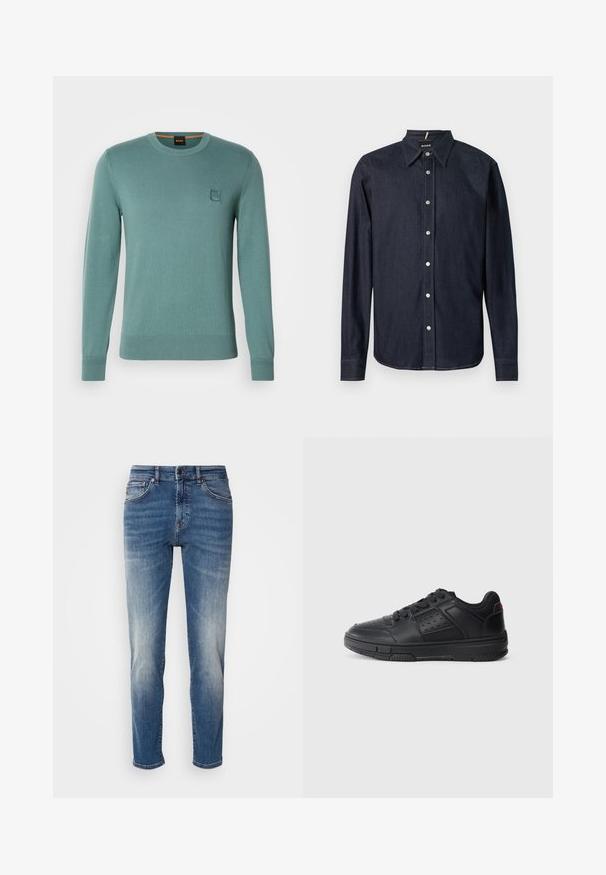 Suéter de punto verde claro con cuello redondo, mangas largas, puños acanalados y cintura acanalada. Presenta un pequeño parche de logo cuadrado en el pecho.; Camisa de mezclilla azul oscuro de manga larga con cuello puntiagudo y botones a presión plateados en la parte delantera, con costuras en contraste.; Jeans de mezclilla azul con un diseño de pierna recta, ligero desgastado, estilo clásico de cinco bolsillos y cierre de cremallera con botón.; Zapatillas de cuero negro con punta redondeada, detalles perforados en los laterales, suela de goma y un acento de malla en el talón.