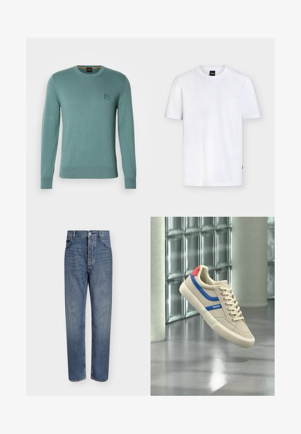 Suéter de punto verde claro con cuello redondo, mangas largas, puños acanalados y cintura acanalada. Presenta un pequeño parche de logo cuadrado en el pecho.; Camiseta blanca lisa de manga corta y cuello redondo con una pequeña etiqueta negra de la marca en el cuello y una textura sutil en la tela.; Vaqueros de mezclilla azul de corte recto con cintura alta, cierre frontal de botones y diseño de cinco bolsillos sobre un fondo claro y liso.; Zapatilla beige con raya azul, lengüeta roja en el talón, suela blanca y cordones, con la marca "BOSS", flotando sobre un suelo pulido en una habitación industrial moderna.