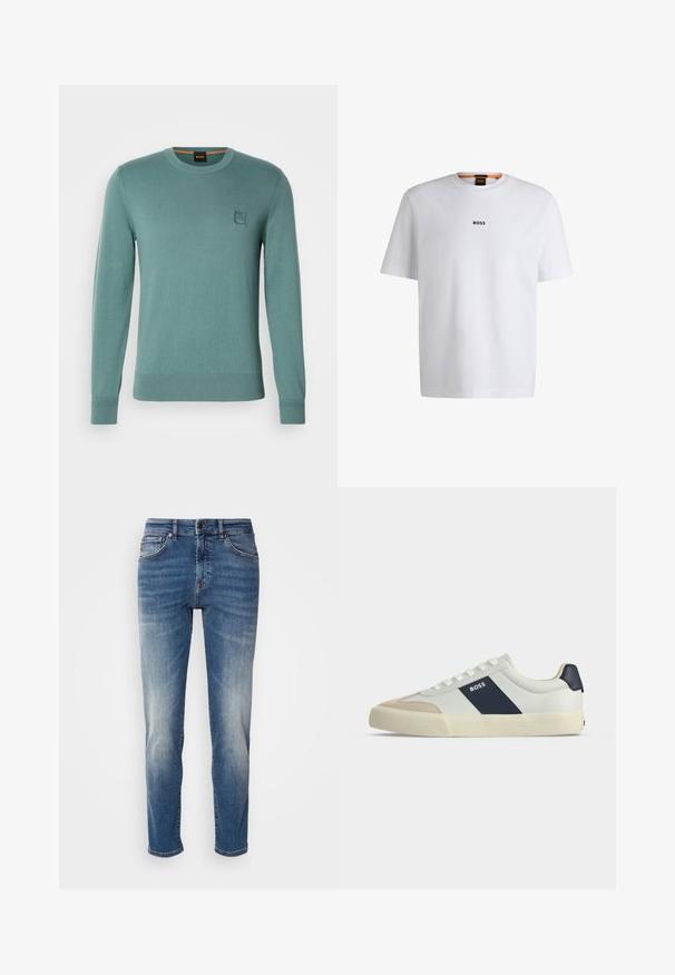 Suéter de punto verde claro con cuello redondo, mangas largas, puños acanalados y cintura acanalada. Presenta un pequeño parche de logo cuadrado en el pecho.; Camiseta de algodón blanca de manga corta, con un logotipo negro "BOSS" centrado en el pecho y un diseño de cuello redondo.; Jeans de mezclilla azul con un diseño de pierna recta, ligero desgastado, estilo clásico de cinco bolsillos y cierre de cremallera con botón.; Zapatilla blanca de caña baja con puntera beige, franja lateral azul marino con etiqueta BOSS, cordones blancos y suela de goma sobre fondo neutro.