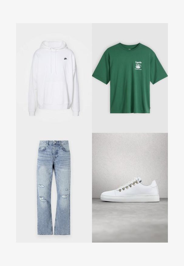 Valkoinen huppari, joka on valmistettu pehmeästä kankaasta, sisältää kengurupukin taskun, karkean narun hupussa ja pienen mustan Nike-logon rinnassa.; Vihreä puuvillainen T-paita, jossa pyöreä pääntie, lyhyet hihat ja valkoinen graafinen painatus, jossa on "Levi's" ja etuosassa oleva kuvitus.; Vaaleansiniset farkut suoran lahkeen muotoilulla, joissa on kuluneet repeämät polvissa ja klassinen viiden taskun tyyli.; Valkoiset nahkakengät, joissa on sileä pinta, kultaiset metalliset nauhojen reiät, litteät valkoiset nauhat ja paksu valkoinen pohja. Minimalistinen muotoilu.