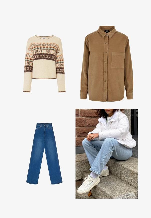 Pull crème à manches longues, arborant un motif tricoté géométrique en marron, orange et teal. Encolure ronde et coupe cropped.; Chemise en velours côtelé marron avec un devant à boutons, un col pointu, des manches longues et une poche poitrine. Présente une texture verticale subtile et des boutons marron.; Jeans taille haute, à jambe large, en denim bleu. Présentent une coupe droite, des coutures classiques, des poches avant et une fermeture à bouton.; Doudoune blanche avec un col haut, jean en denim bleu clair et baskets blanches Reebok. Escaliers en pierre texturée en arrière-plan.