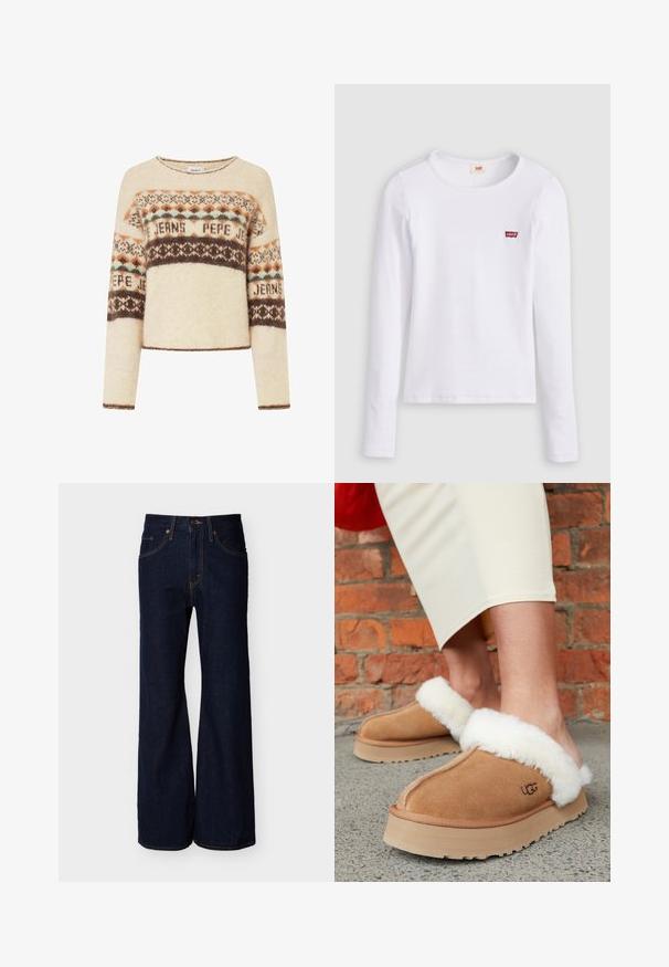 Pull crème à manches longues, arborant un motif tricoté géométrique en marron, orange et teal. Encolure ronde et coupe cropped.; Chemise Levi's blanche à manches longues avec col rond et petit logo rouge Levi's sur la poitrine gauche, présentée sur un fond uni.; Pantalon en denim bleu foncé avec une taille haute, coupe à jambes larges, poches avant, fermeture par bouton et fermeture éclair.; Chaussons en daim marron avec finition en fausse fourrure blanche. Semelle intermédiaire épaisse et semelle extérieure texturée. Logo UGG visible sur le côté. Design décontracté et facile à enfiler.