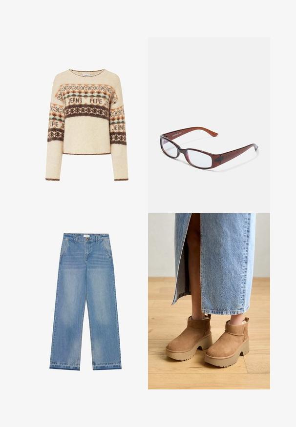 Jersey de color crema con mangas largas, que presenta un patrón de punto geométrico en marrón, naranja y azul verdoso. Cuello redondo y diseño corto.; Jeans de pierna ancha de cintura alta en azul claro con cierre de botón, bolsillos frontales, pasadores para cinturón y un sutil desgaste.; Botas de tobillo de ante marrón con una gruesa suela de plataforma beige. Presentan una punta redonda, un puño corto y un forro suave para mayor comodidad.; Gafas rectangulares con tintado marrón y acabado brillante, con varillas delgadas y lentes transparentes. Logo visible en la patilla izquierda.
