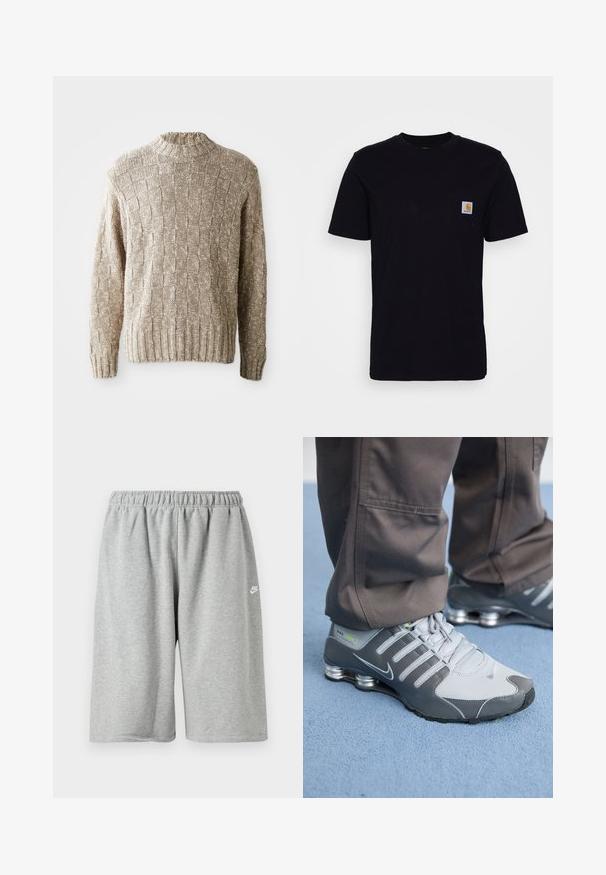 Pull en tricot beige avec un motif de damier texturé, un col et un ourlet côtelés, et des manches longues. Fabriqué à partir d'un matériau doux et léger.; T-shirt en coton noir à manches courtes, col rond et poche poitrine avec un petit patch logo carré. Design simple et uni.; Shorts en coton gris avec une taille élastique, offrant une coupe ample et un petit logo blanc près de l'ourlet. Texture lisse, longueur au-dessus du genou.; Des baskets Nike Shox grises et argentées présentent un design élégant, avec des matériaux en mesh et synthétiques, un bout arrondi et un col rembourré.