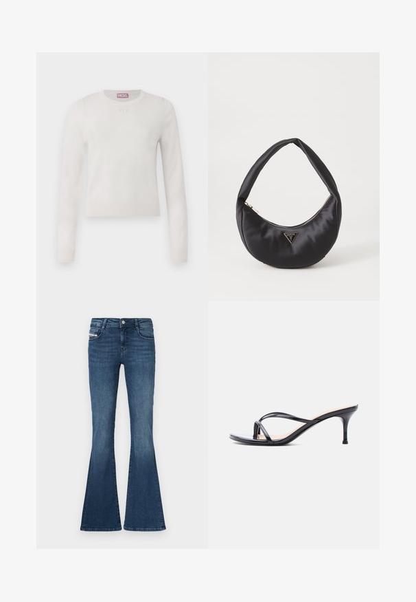 Hvid langærmet sweater med rund hals. Lavet af blødt materiale. Har et lille, diskret logo på brystet. Enkel, minimalistisk design.; Mørkeblå jeans med vidde forneden, tætsiddende talje, femlommet design, let falming på lårene og metallisk knaplukning i taljen.; Sort laklædersandal med hæl, tynde krydsede remme og en slank mellemhøj stilethæl på en hvid baggrund.; Sort satin håndtaske med en buet form, der har en lynlåslukning og et trekantet logo i metal på forsiden. Glat tekstur og slankt design.