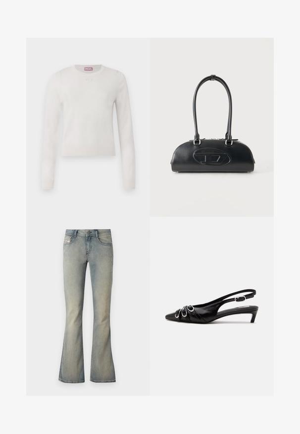 Hvid langærmet sweater med rund hals. Lavet af blødt materiale. Har et lille, diskret logo på brystet. Enkel, minimalistisk design.; Lys blå denim flared jeans med en mid-rise talje, subtilt slid og standard fem-lomme design. Har en front knaplukning.; Sort læder slingback sko med spids tå, tre sølvspænder på forsiden og lav lille hæl på hvid baggrund.; Sort læderhåndtaske med lange dobbelte håndtag og præget ovalt logo foran, vist mod en ensartet lys baggrund.