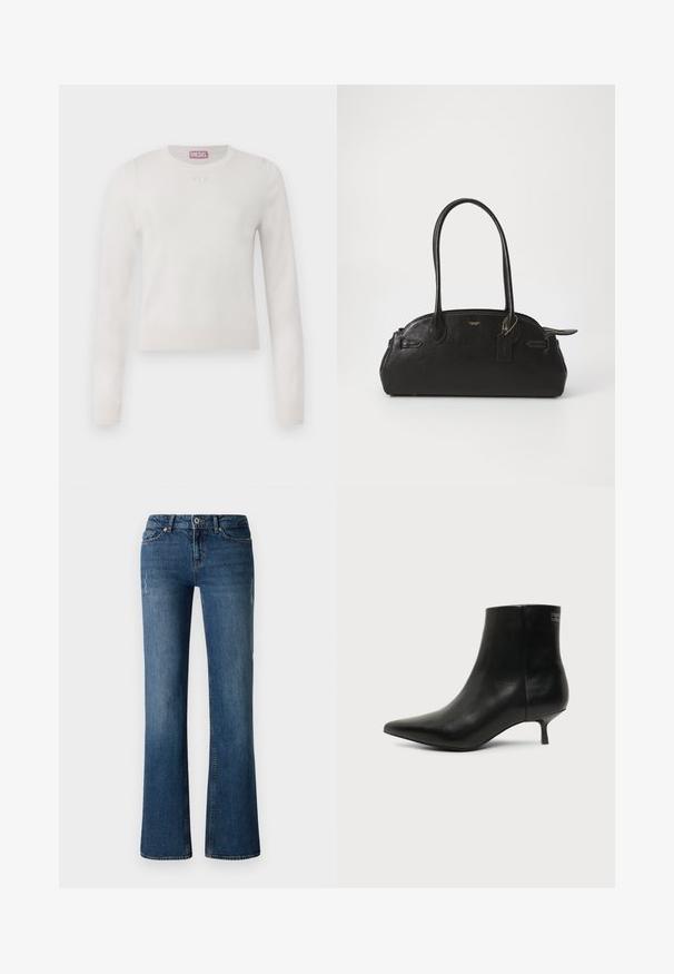 Suéter blanco de manga larga con cuello redondo. Hecho de material suave. Presenta un pequeño logo sutil en el pecho. Diseño simple y minimalista.; Vaqueros de denim azul oscuro con un diseño de pierna acampanada, que presentan un sutil desvanecimiento y detalles desgastados cerca de los muslos y las rodillas.; Botín de piel negra con puntera puntiaguda y tacón bajo estilo kitten sobre fondo claro, mostrando vista lateral exterior.; Bolso de cuero negro con forma redondeada, dos asas largas, herrajes dorados y una pequeña etiqueta adjunta. Cierre superior con cremallera.