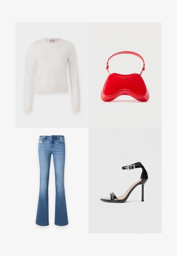 Suéter blanco de manga larga con cuello redondo. Hecho de material suave. Presenta un pequeño logo sutil en el pecho. Diseño simple y minimalista.; Vaqueros acampanados de mezclilla azul claro con cintura de subida media, cinco bolsillos y un sutil desgaste a lo largo de las piernas. Presenta una etiqueta con logo cosida.; Sandalia de tacón alto en piel sintética negra con correa en el tobillo. Presenta un diseño minimalista, punta abierta y una hebilla con detalles de pedrería.; Bolso de charol rojo con una forma curva y ergonómica, que presenta una correa delgada ajustable y un sutil detalle de logo en la parte frontal.