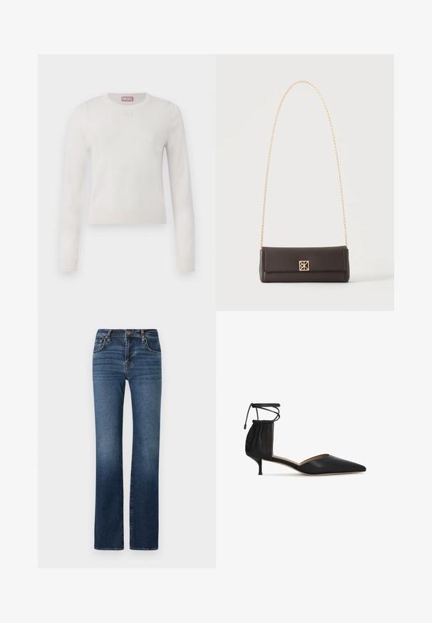 Hvid langærmet sweater med rund hals. Lavet af blødt materiale. Har et lille, diskret logo på brystet. Enkel, minimalistisk design.; Mørkeblå denim jeans med lige ben, høj talje, subtil falmning, fem lommer og metalknaplukning.; Sort læder kitten-heel sko med spids tå, samlet ankelrem og omviklede snørebånd.; Rektangulær mørkebrun læderhåndtaske med guldkæde-rem og en lille firkantet guldlås midtfor.