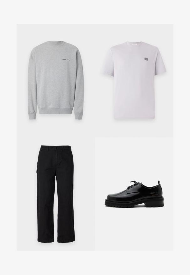 Grå sweatshirt i bomuldsblanding med ribbet halsudskæring og manchetter. Lille sort logo tekst på brystet. Glat tekstur og afslappet pasform.; Lys lavendelfarvet kortærmet t-shirt lavet af bomuld med rund hals og et lille mørkt logo-patch på venstre bryst. Glat tekstur.; Sorte bomulds cargo bukser med en lige ben-design, der har sidelommer og en frontknaplukning. Holdbart stof med en glat tekstur.; Sort poleret læder snørestøvle med tyk gummisål og lav hæl, sideskilt med mærketekst "SAMSOE" og bageste træksnor.