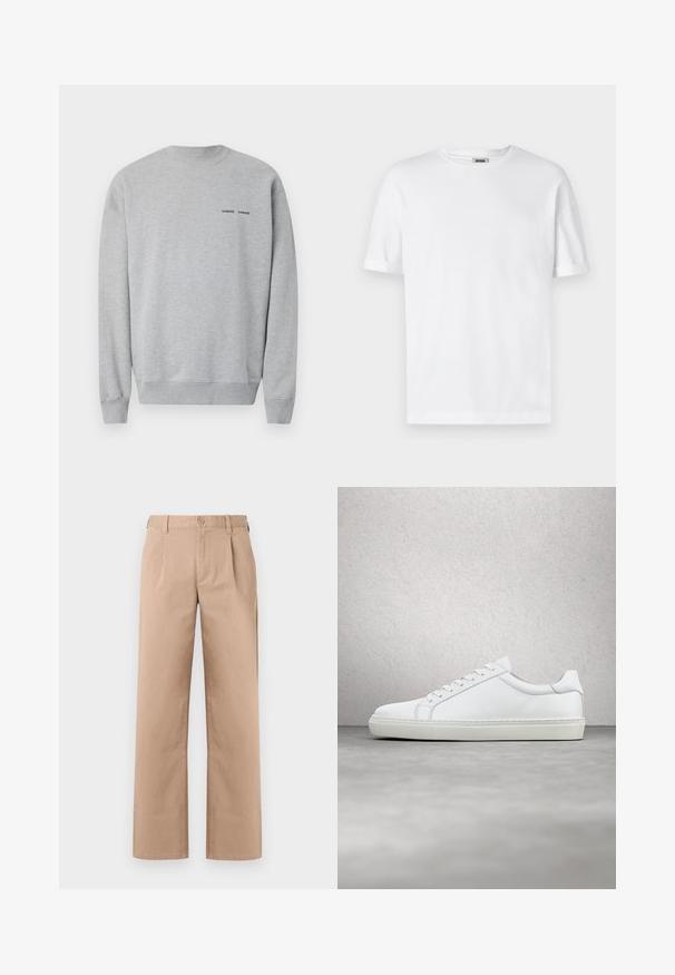 Grå sweatshirt i bomuldsblanding med ribbet halsudskæring og manchetter. Lille sort logo tekst på brystet. Glat tekstur og afslappet pasform.; Hvid bomulds T-shirt med rund hals, korte ærmer og oprevet manchetter; enkel design, blød tekstur og lige snit.; Beige lige bukser med bæltestropper, frontknap og lynlås lukning, samt diskrete folder under taljebåndet.; Hvide sneakers med en glat læderoverdel og lav profil. Har en rund tå, seks snørehuller og en tekstureret gummisål.